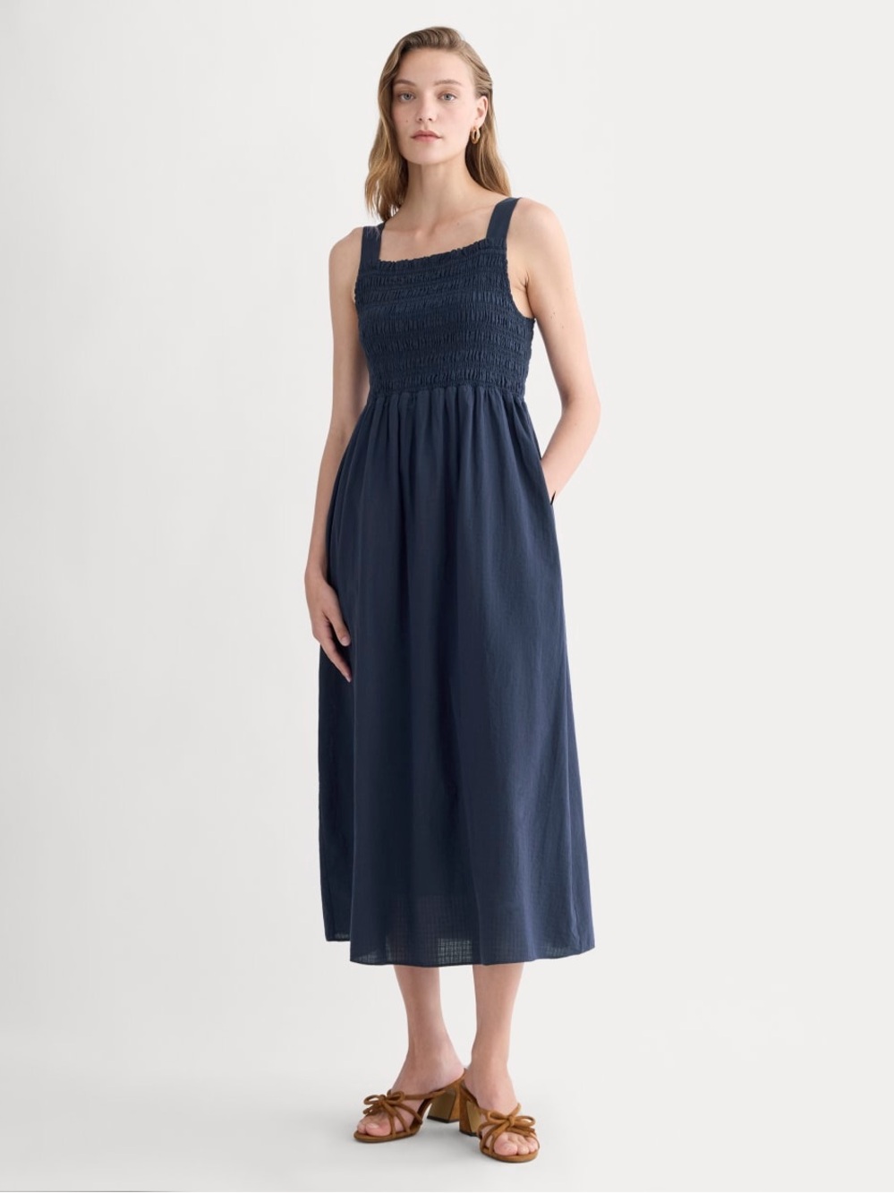 Everlane The Gauze Smock Dress Navy Size M NWOT Organic Cotton Midi Dress